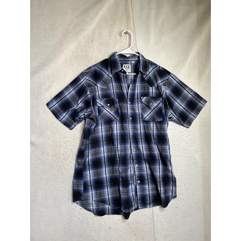 Ely Cattleman Mens Large Tall Blue Plaid Short Sleeve Pearl Snap Western Shirt